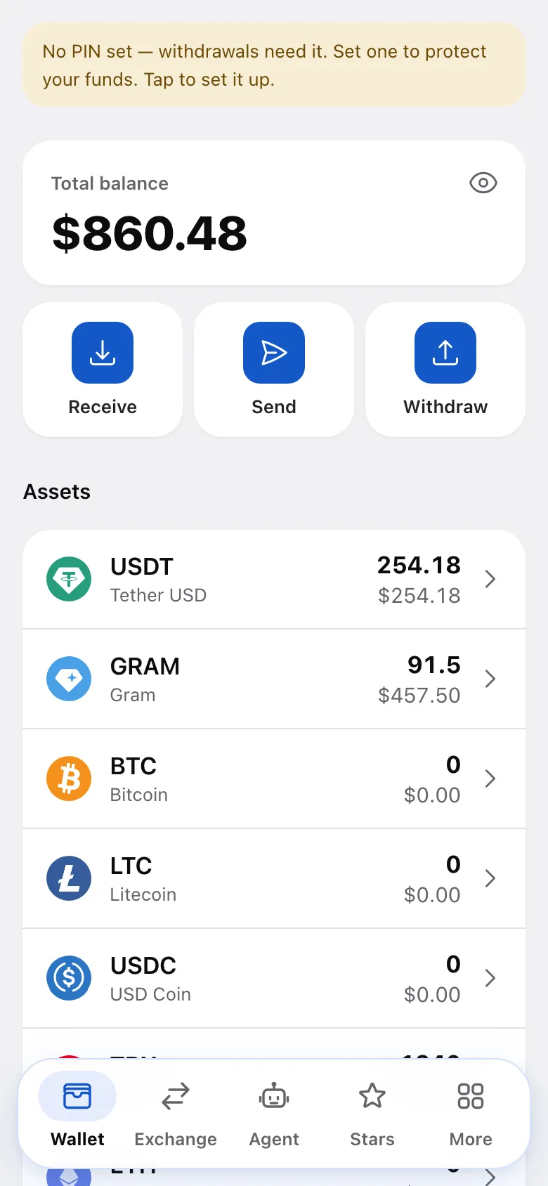 The wallet home screen: balance, quick actions and assets