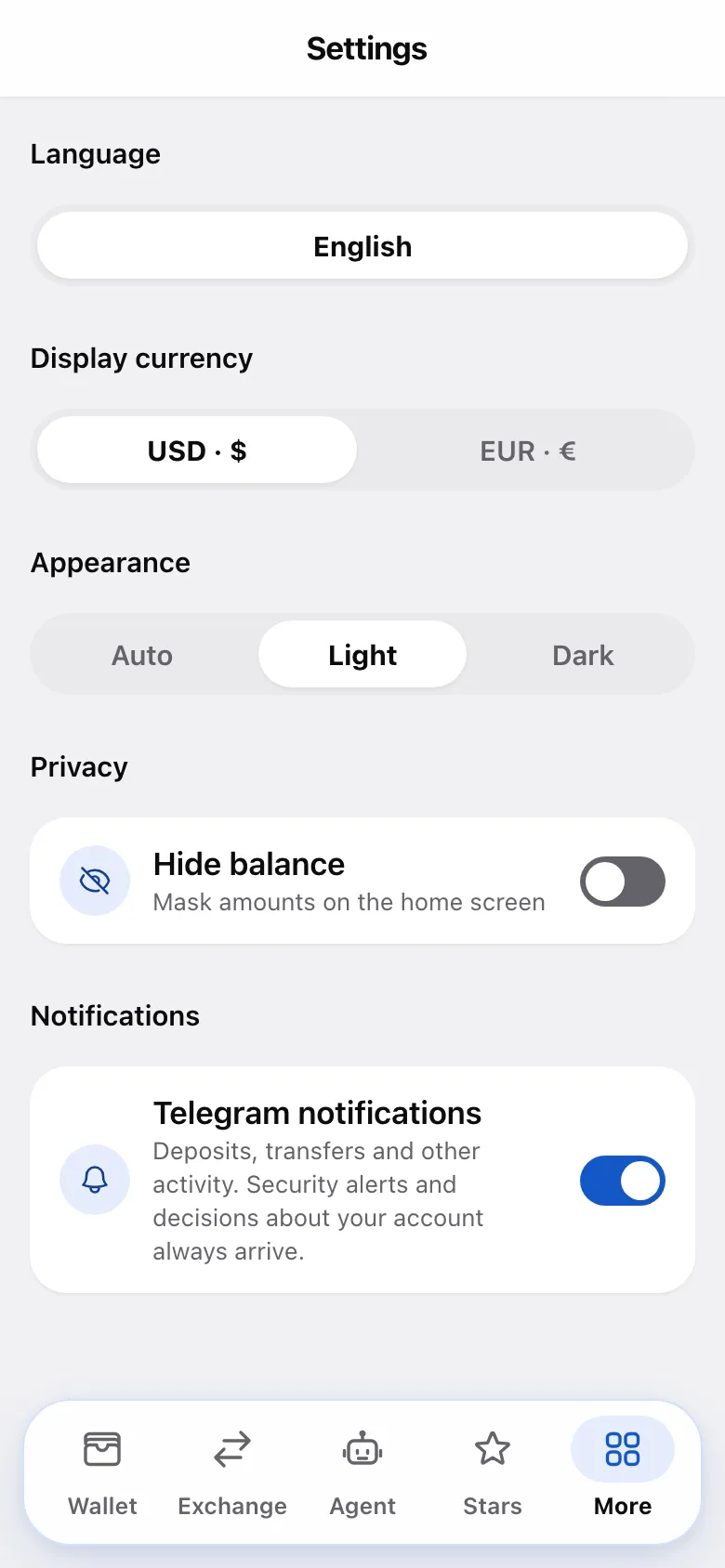 The Settings screen: language, display currency, appearance and notifications